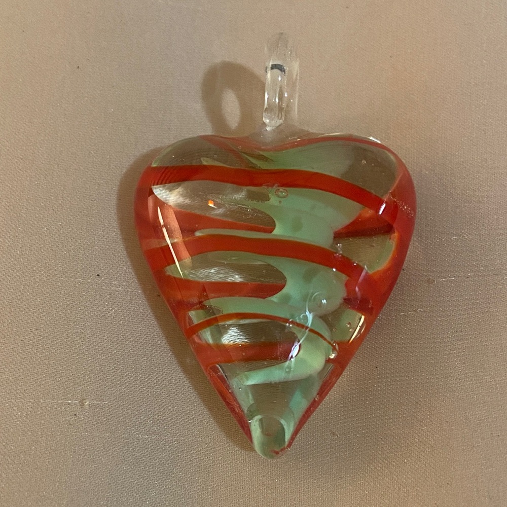 Murano Glass Heart Pendant with Red and Green Swirls